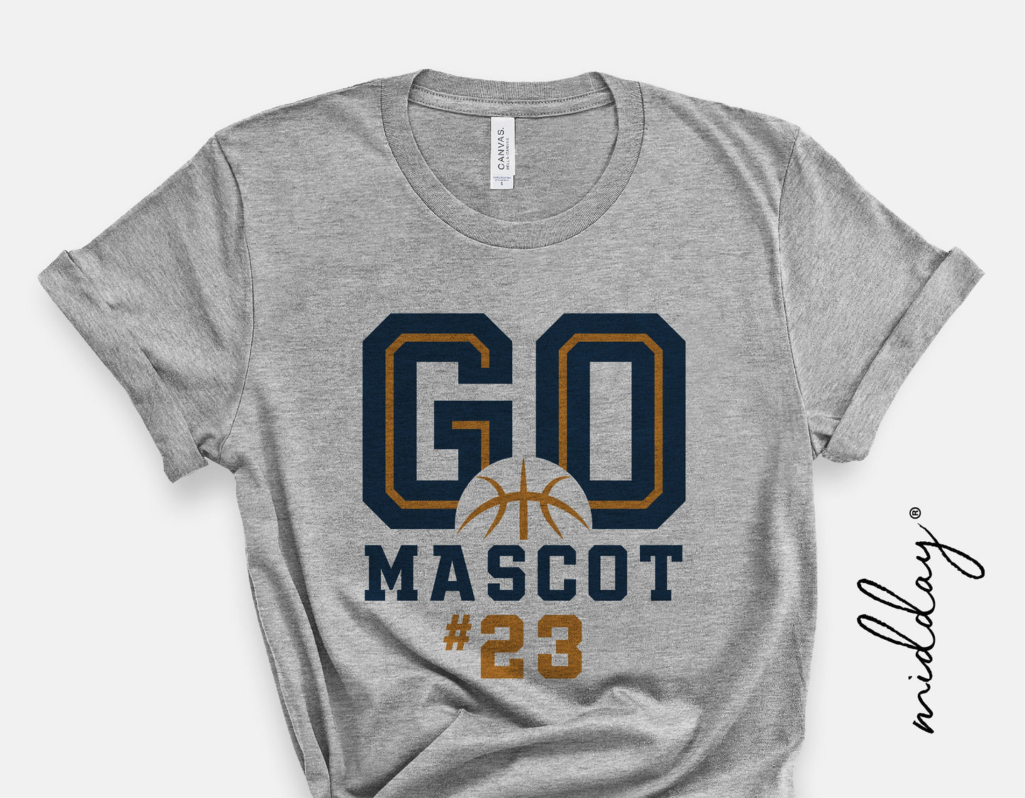 Gray t-shirt with 'Go Mascot #23' basketball design for sports enthusiasts and basketball moms.
