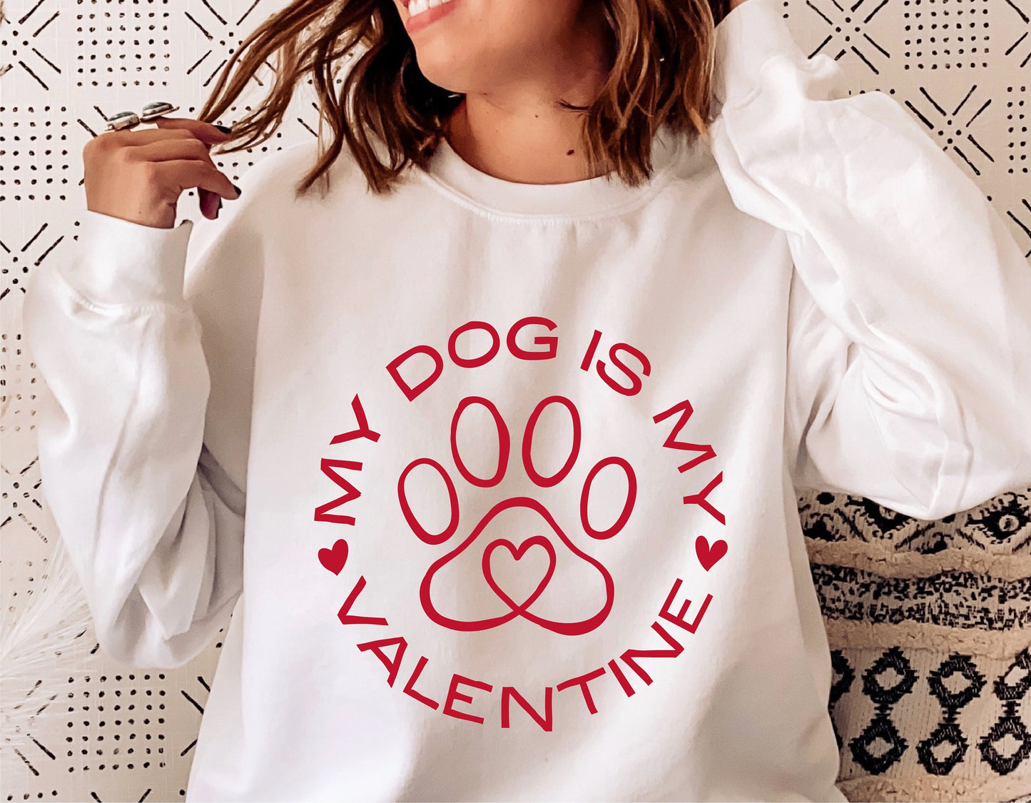 Woman wearing 'My Dog Is My Valentine' shirt with dog paw heart design, perfect for Valentine's Day, featuring Cricut cut files and sublimation