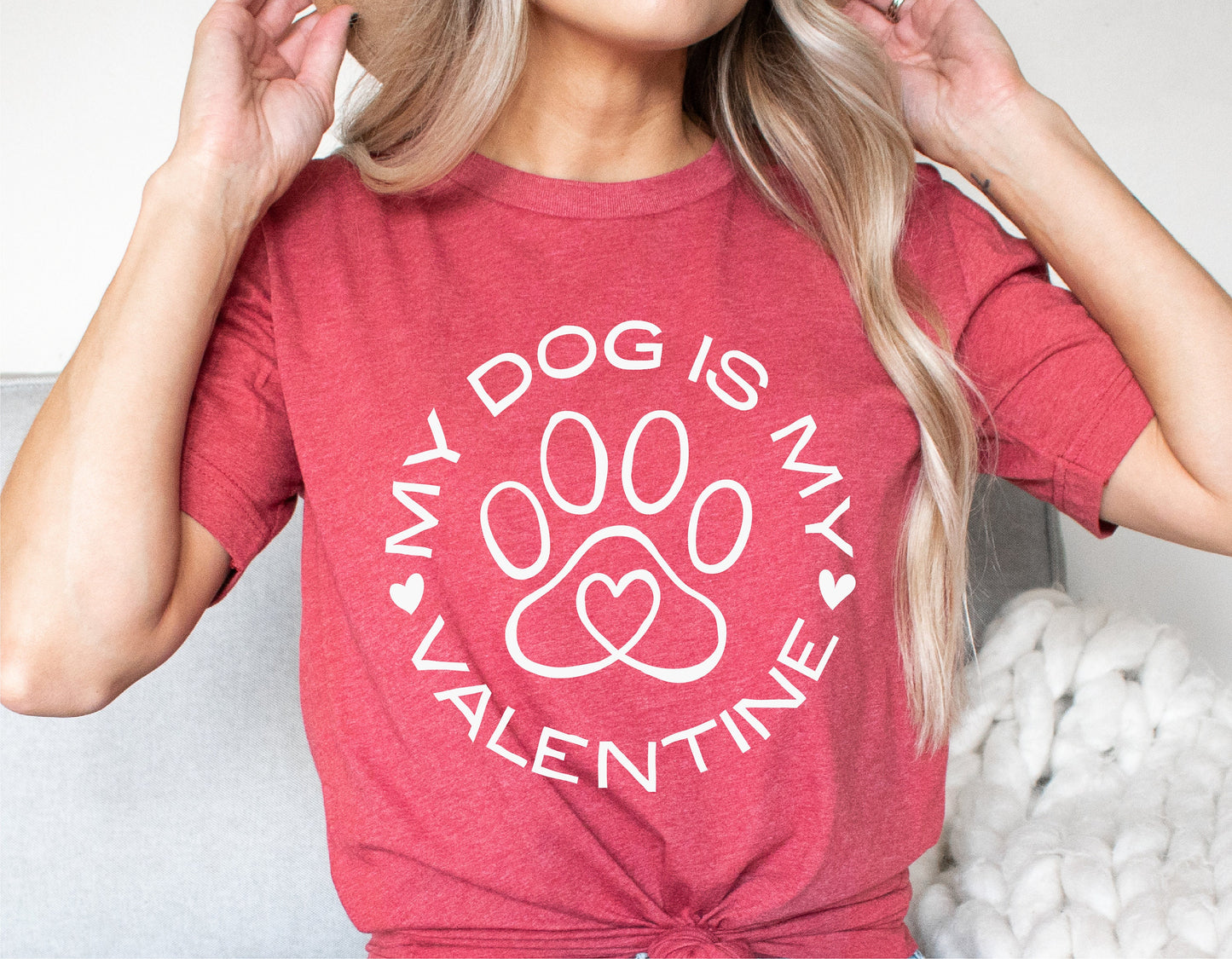 Red t-shirt with 'My Dog Is My Valentine' design featuring a dog paw and heart graphic, perfect for Valentine's Day and dog lovers.