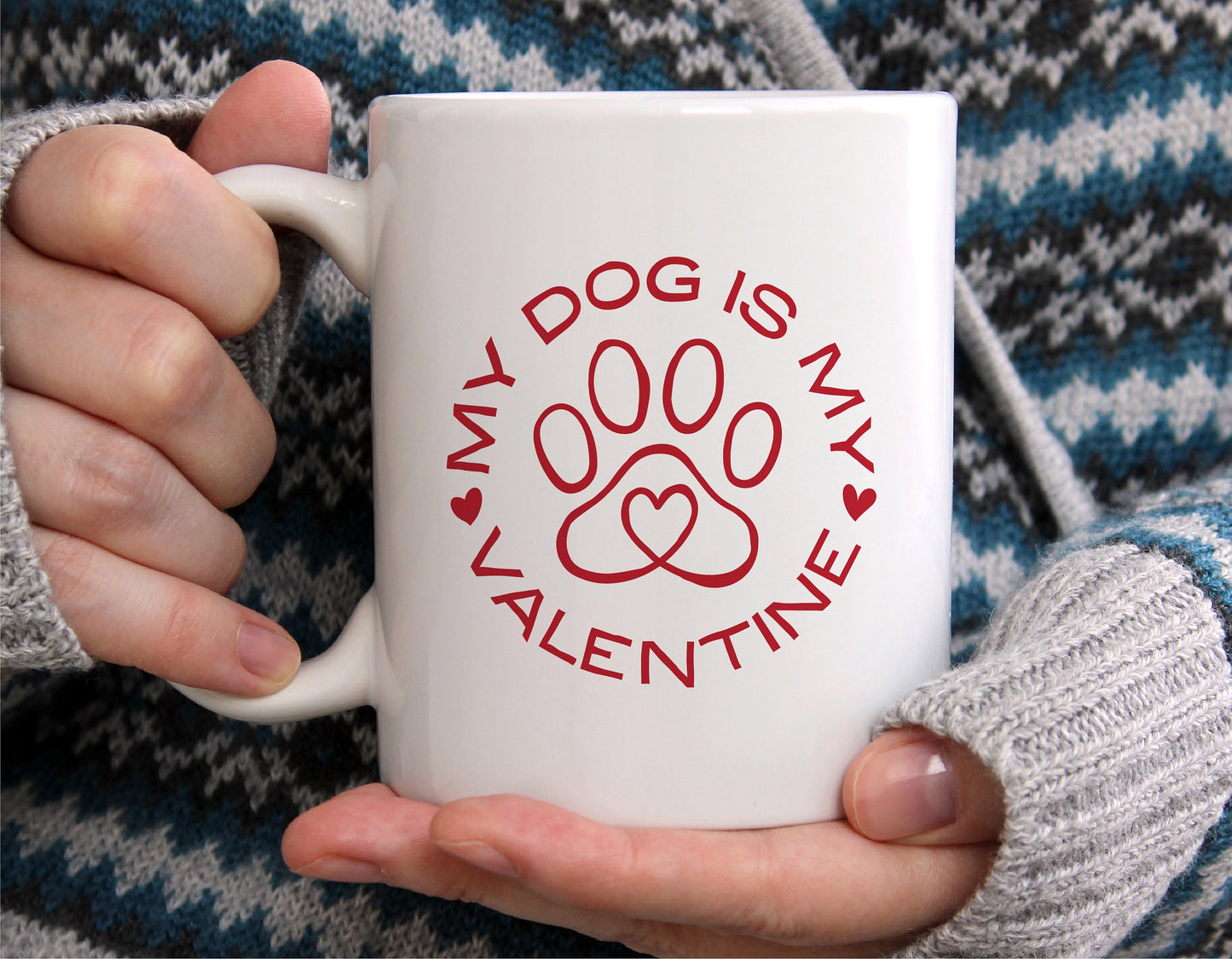 "My Dog Is My Valentine" mug with dog paw heart design, perfect for dog lovers on Valentine's Day.