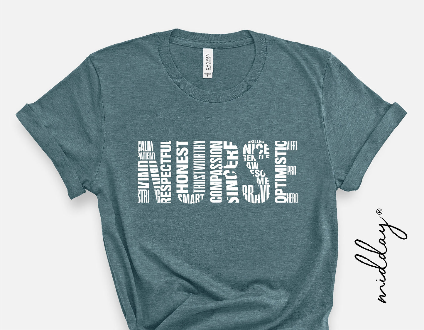 Teal nurse shirt with word art featuring descriptive words like 'honest', 'compassionate', 'optimistic', printed on cotton fabric.