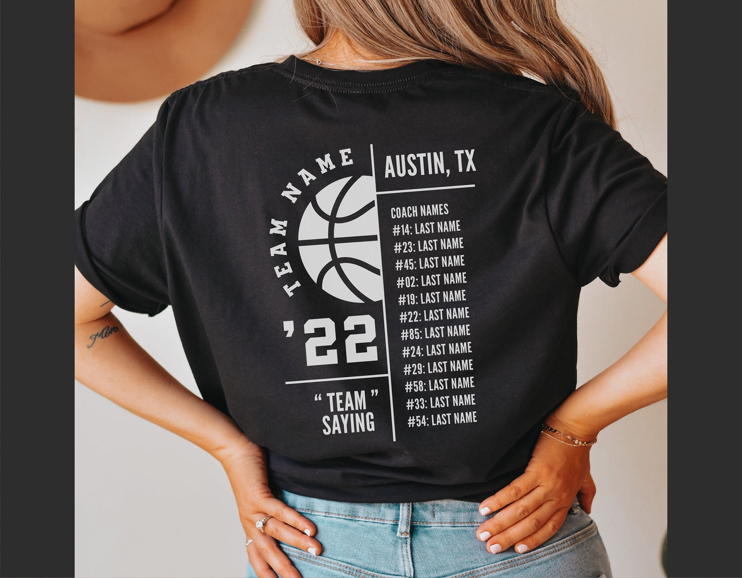 Back of shirt featuring basketball team roster design with customizable player names and numbers.