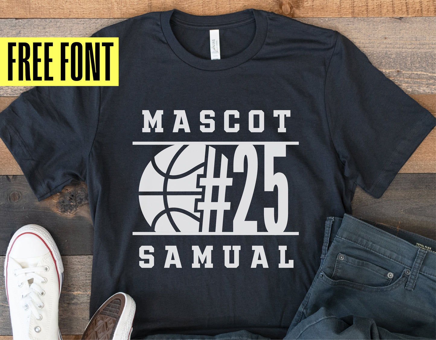 Custom basketball shirt with number 25 and mascot text, displayed with casual clothing and free font offer.