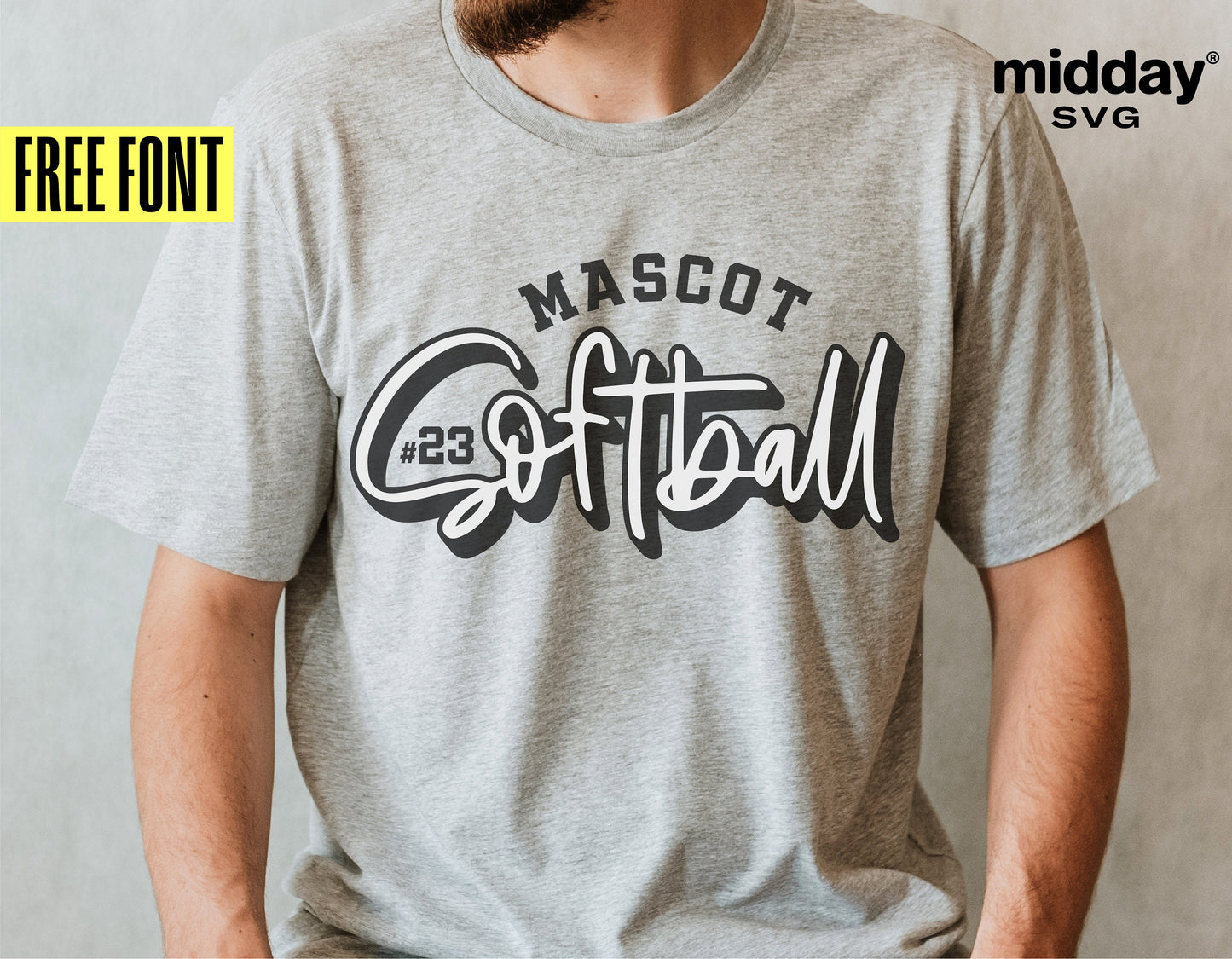 Gray t-shirt featuring 'Mascot Softball' design with free font text overlay, ideal for softball enthusiasts and DIY crafting projects.