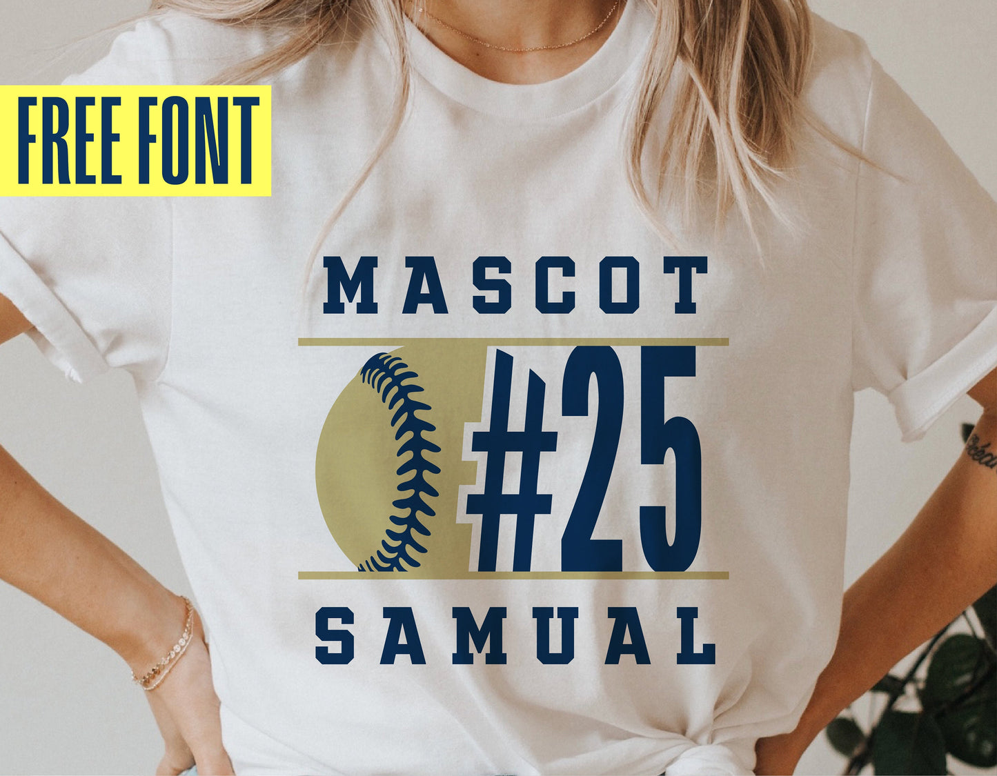 Woman wearing a white t-shirt with Mascot #25 Samual softball design and free font label.