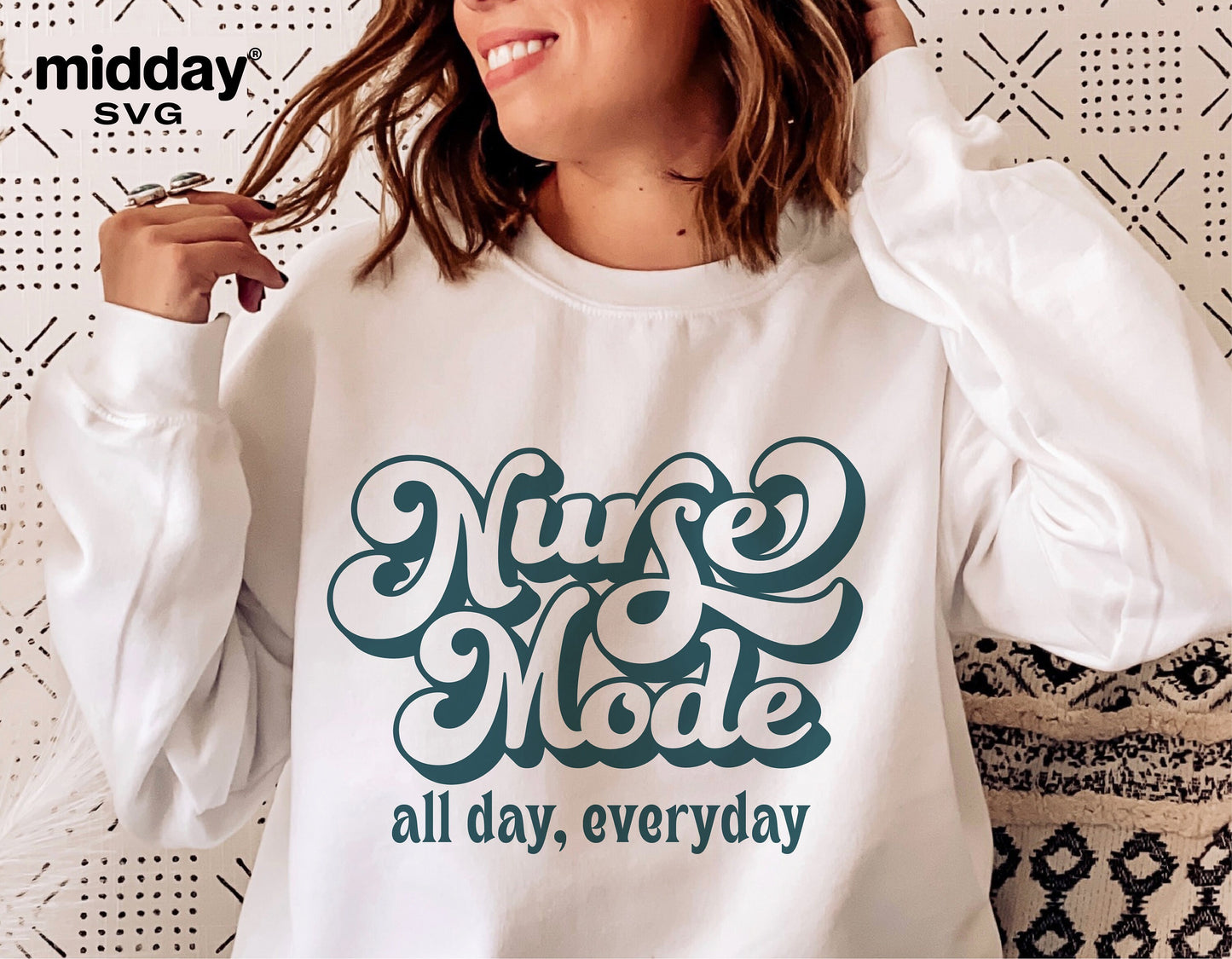 Woman wearing 'Nurse Mode' graphic sweatshirt, ideal for Cricut projects and sublimation, perfect for nurse-themed shirts and gifts.