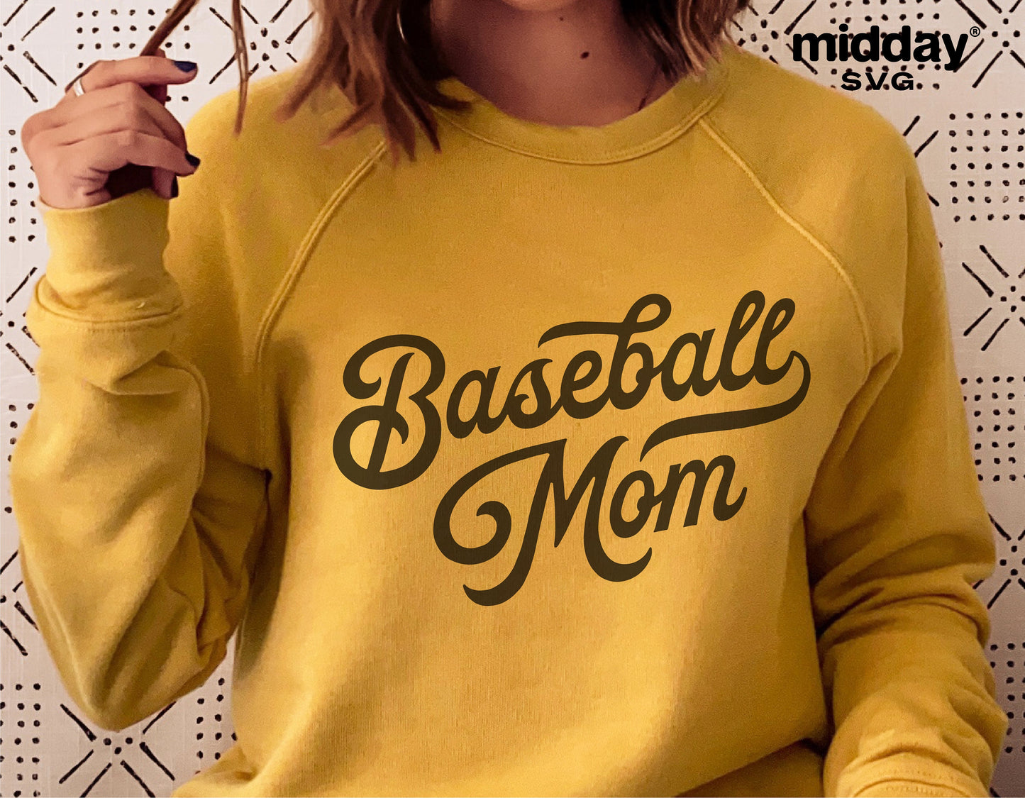 Baseball Mom graphic on yellow sweatshirt, perfect for sports fan apparel and gift ideas.
