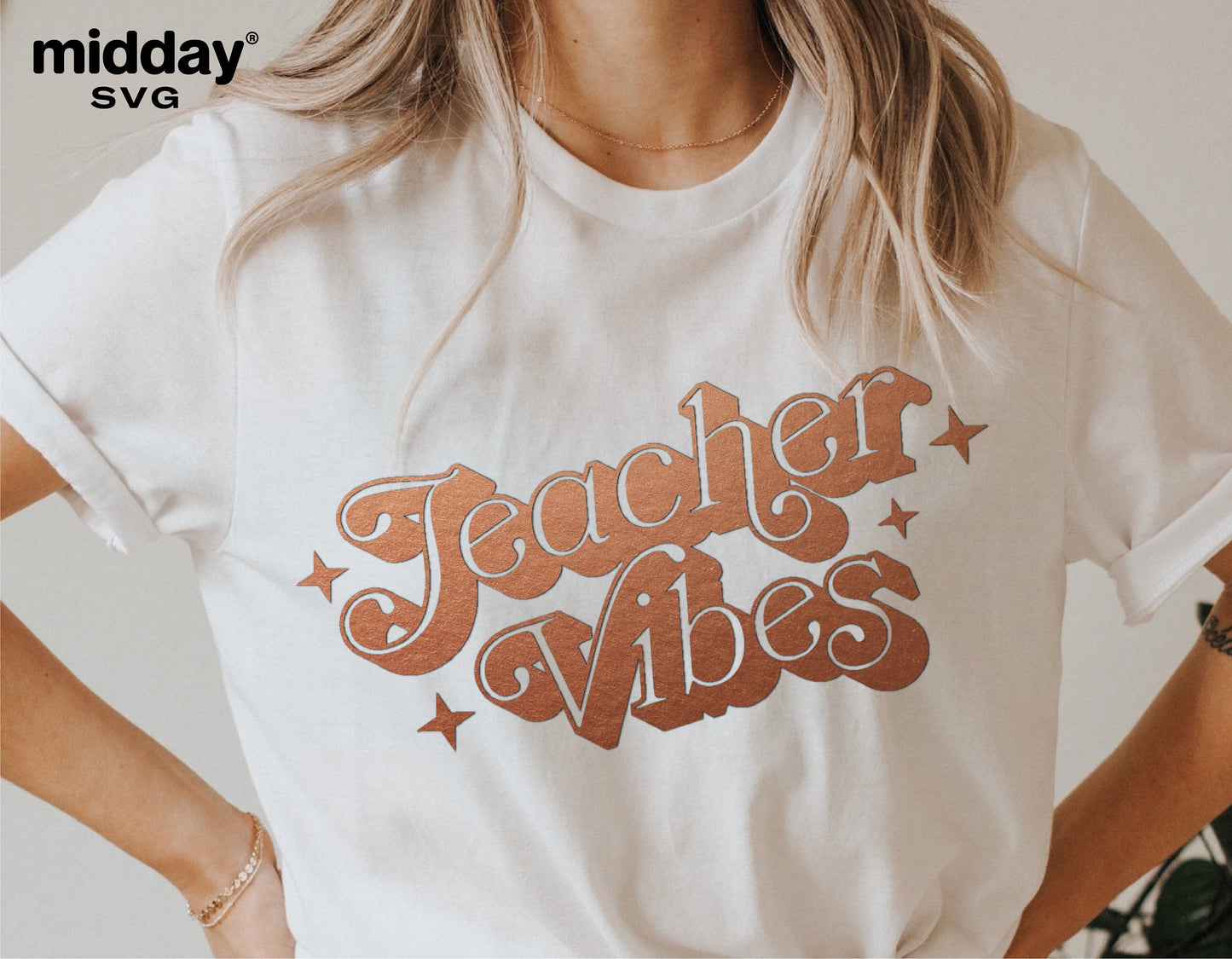 Woman wearing a white t-shirt with 'Teacher Vibes' graphic, perfect for teacher appreciation, available as SVG, PNG, DXF cut files.