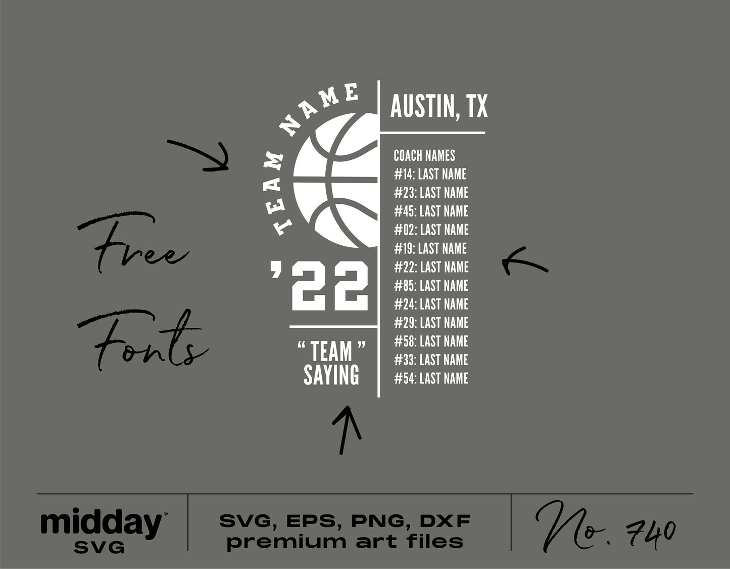 Basketball team roster shirt SVG design template with team names and numbers for Cricut and Silhouette projects.