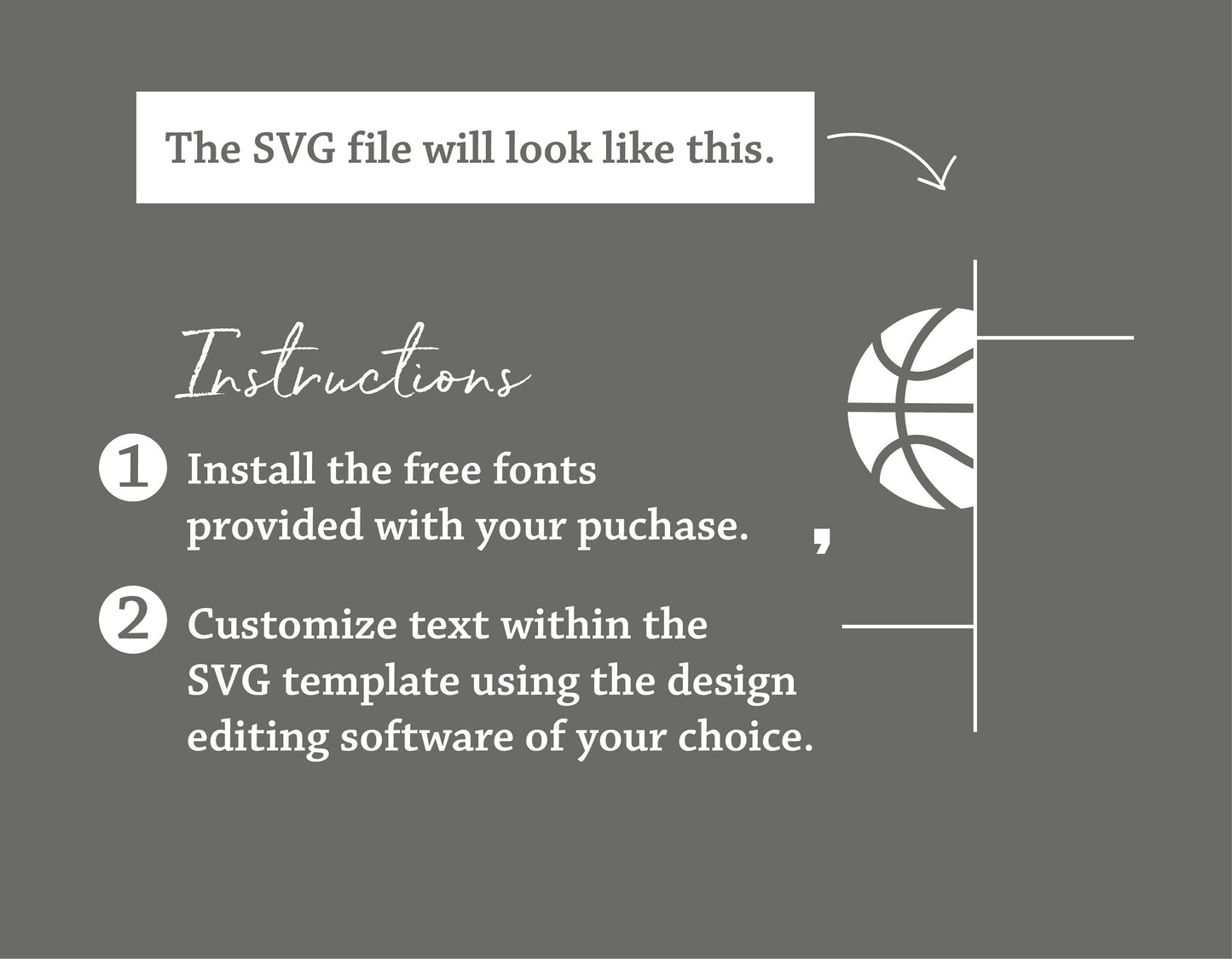 Basketball team SVG template instructions for installation and text customization, featuring a basketball design element.