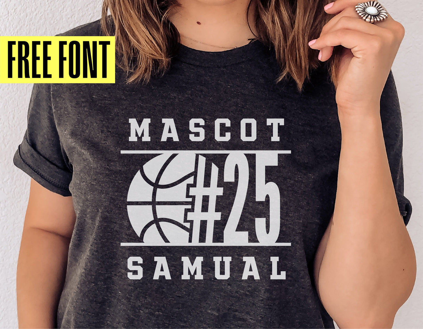 Woman wearing a custom basketball shirt with mascot design and jersey number 25, featuring free font offer.