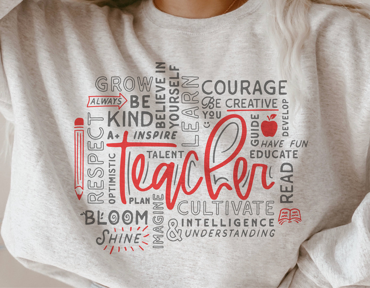 Teacher word art design on shirt with motivational words like grow, courage, respect, learn, and inspire, perfect for teacher appreciation gifts.