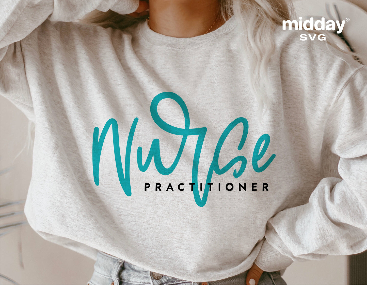 Woman wearing Nurse Practitioner shirt with blue and black text, ideal for Cricut and Silhouette projects.
