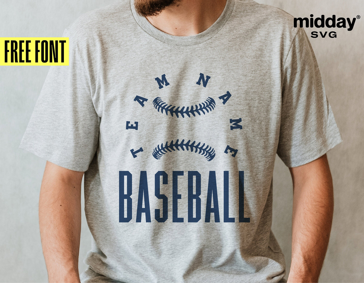 Person wearing gray shirt with customizable baseball team design and text, available as SVG cut file for Cricut or Silhouette.
