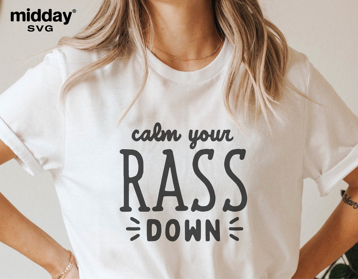 "Calm Your RASS Down" funny nurse SVG design on a white t-shirt, perfect for Cricut and Silhouette projects.