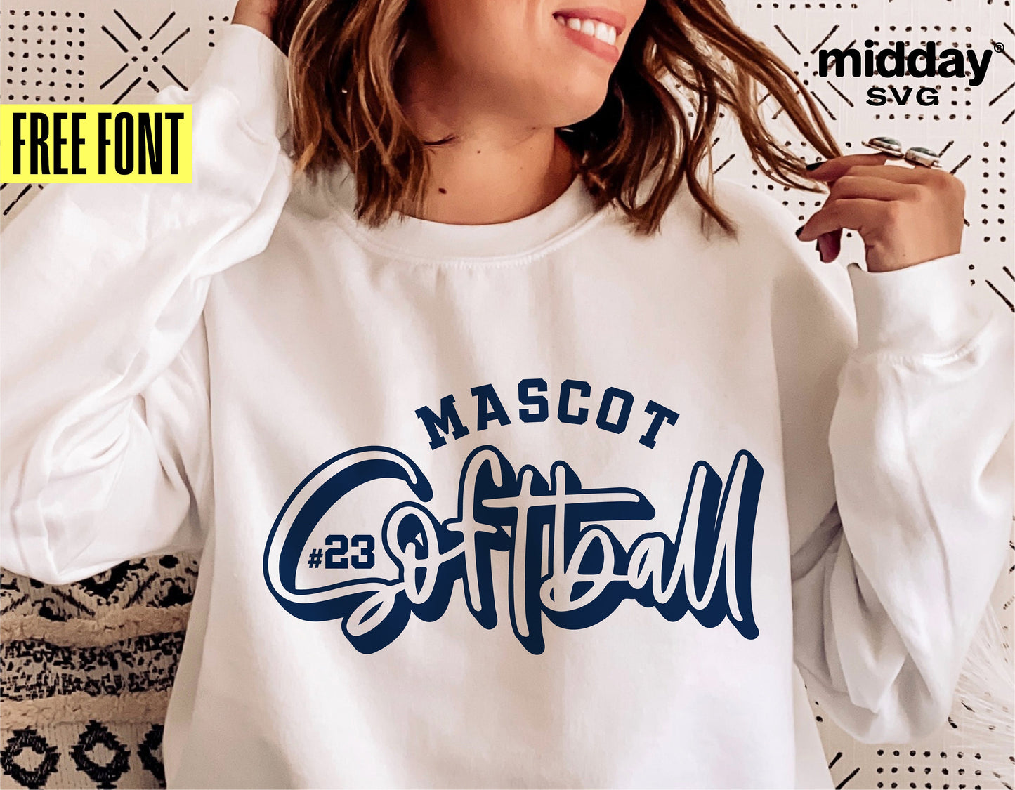 Woman wearing Softball Mom shirt with custom mascot and number design, featuring free font for personalized DIY projects.
