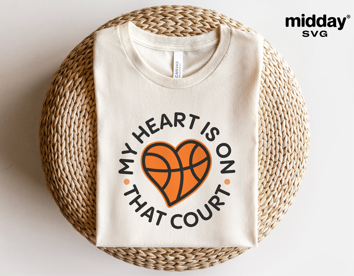 White t-shirt with "My Heart is on That Court" basketball design, perfect for basketball mom gifts, Cricut and Silhouette projects.