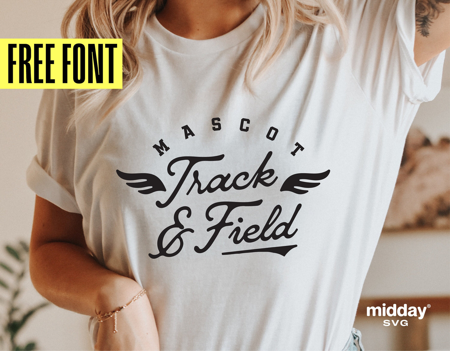 Person wearing a white "Mascot Track & Field" shirt, promoting a free SVG font for Cricut and Silhouette users from Midday SVG.