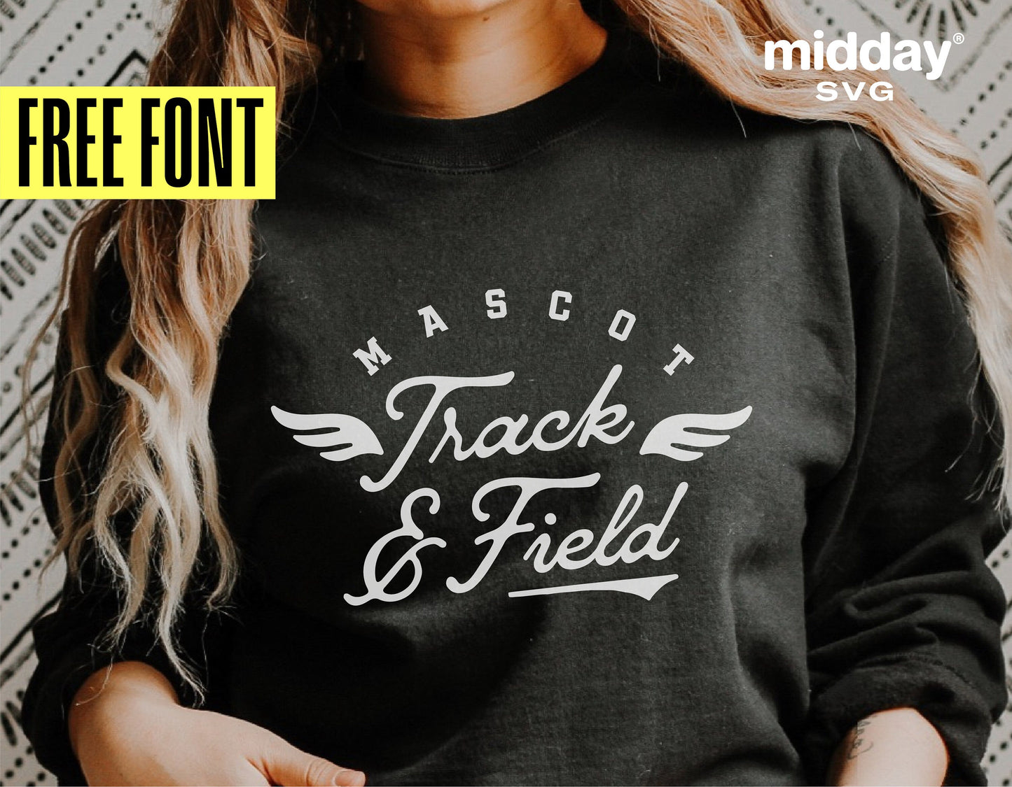 Mascot Track and Field shirt with black and white design for Cricut, Silhouette sublimation, featuring free font offer and digital download.