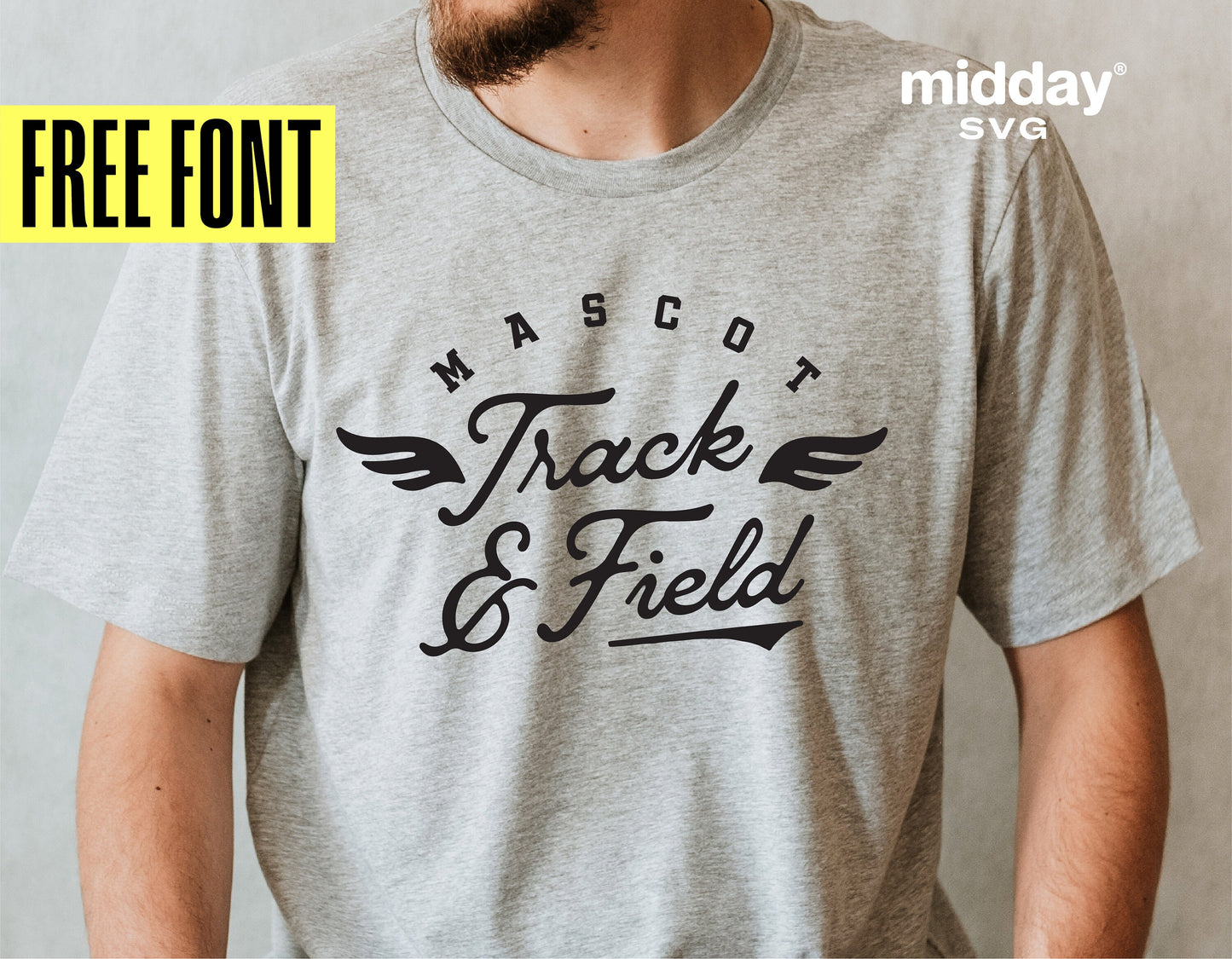 Person wearing a gray t-shirt with 'Mascot Track & Field' design; suitable for Cricut, Silhouette, and sublimation projects.