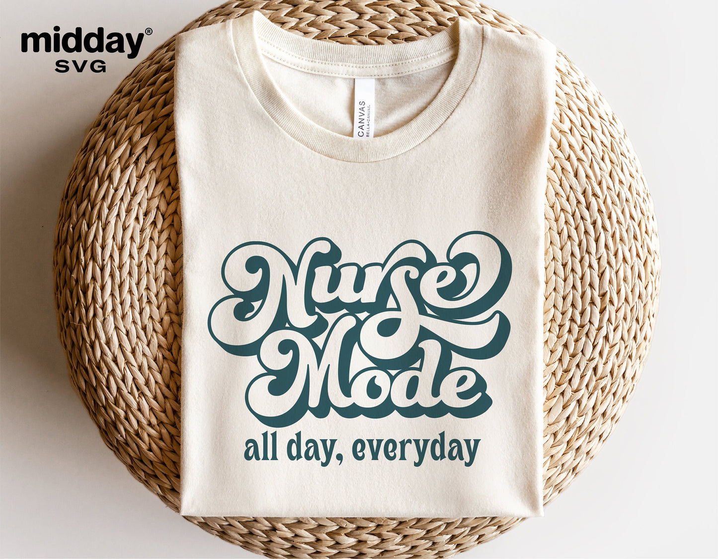 Beige T-shirt with 'Nurse Mode all day, everyday' design, perfect for nurse gifts and apparel.