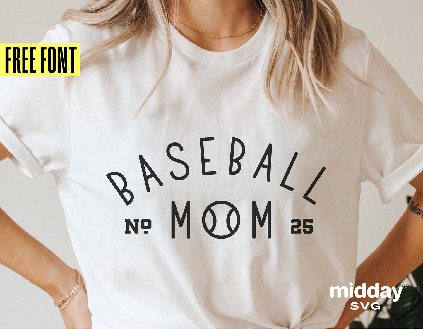 Woman wearing a white T-shirt with 'Baseball Mom No. 25' design. Free font offer. Midday SVG branding. Ideal for Cricut and Silhouette projects.