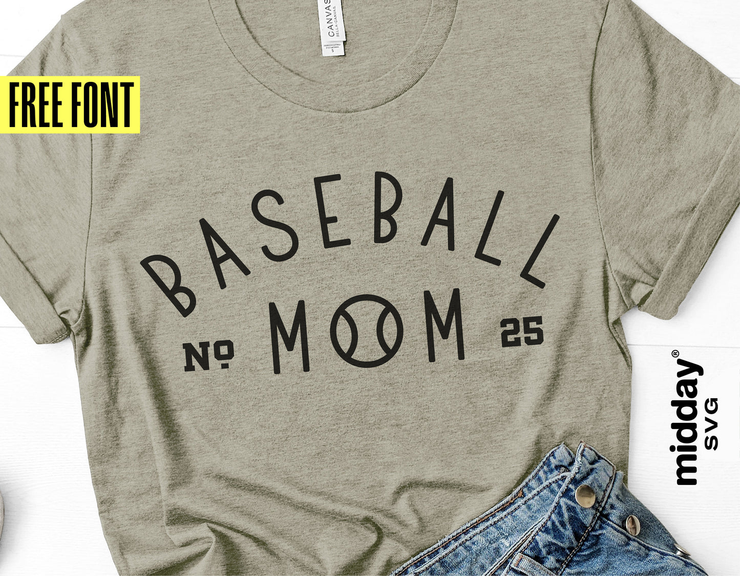 "Baseball Mom" t-shirt with minimal design, featuring free font promotion. Perfect for Cricut and Silhouette projects. Product by Midday SVG.
