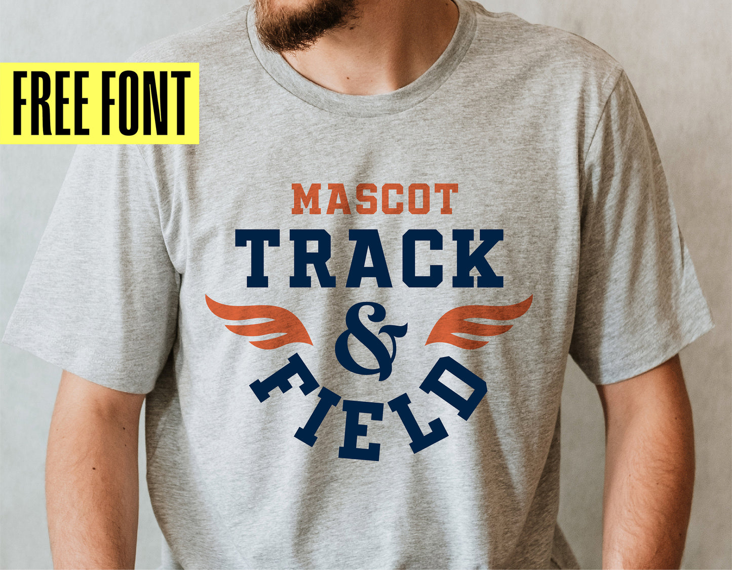 Gray t-shirt with 'Mascot Track & Field' logo in blue and orange, promoting a free font offer.