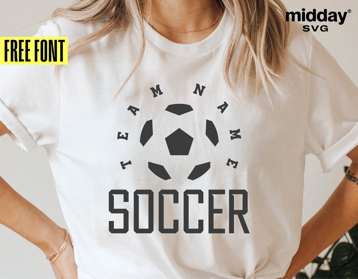 Woman wearing a white t-shirt with customizable soccer team design in black, featuring "Team Name Soccer" text and soccer ball graphic.