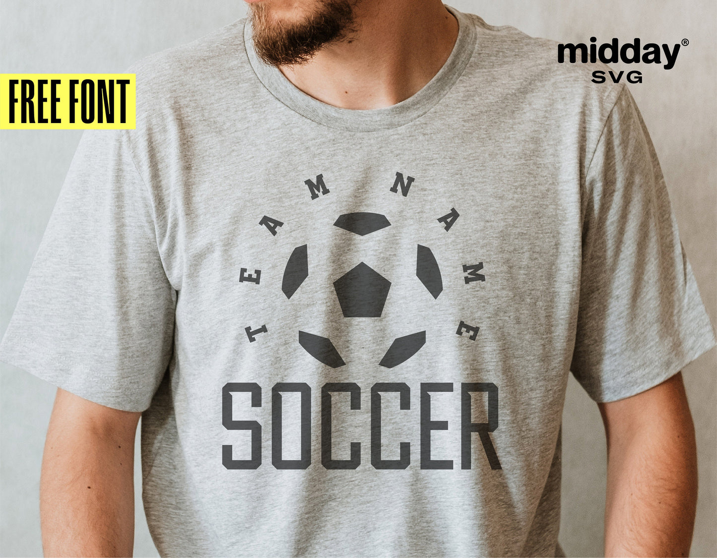 Gray t-shirt featuring customizable soccer team SVG design with free font download by Midday SVG.