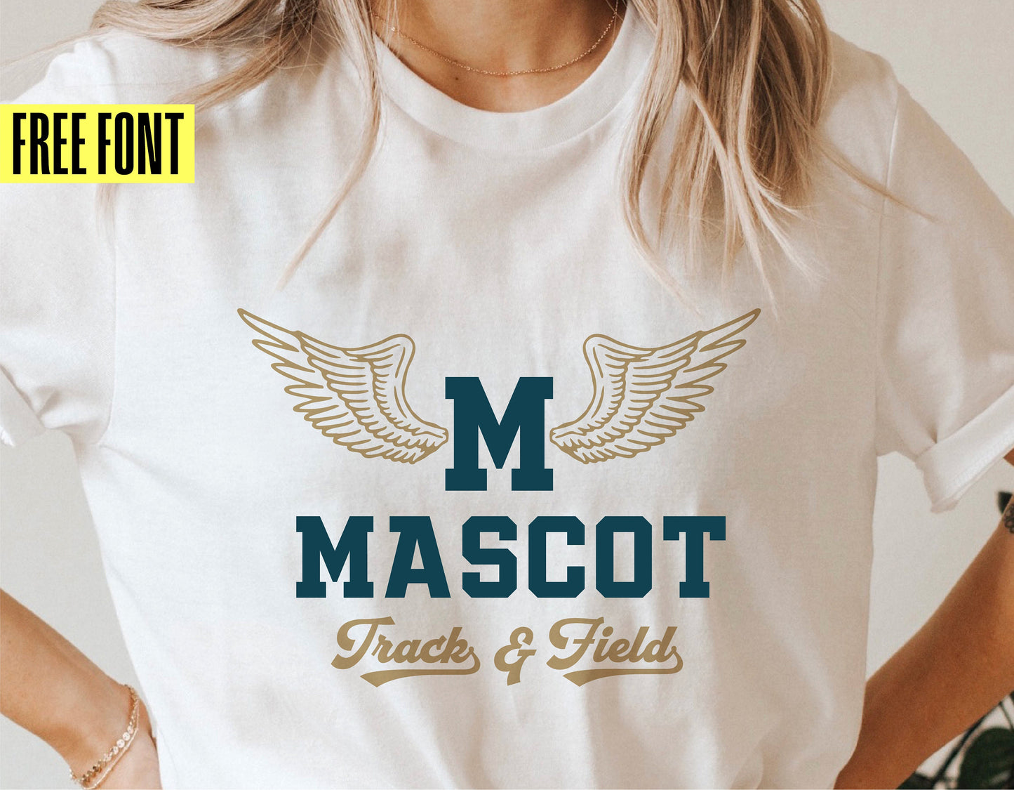 "Track and Field winged monogram shirt design with free font offer"