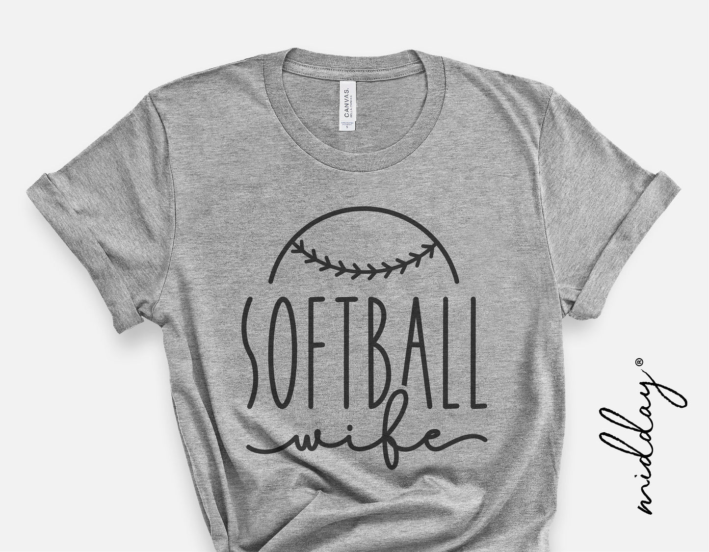 Gray t-shirt with 'Softball Wife' design featuring a softball graphic, perfect for Cricut and Silhouette projects.