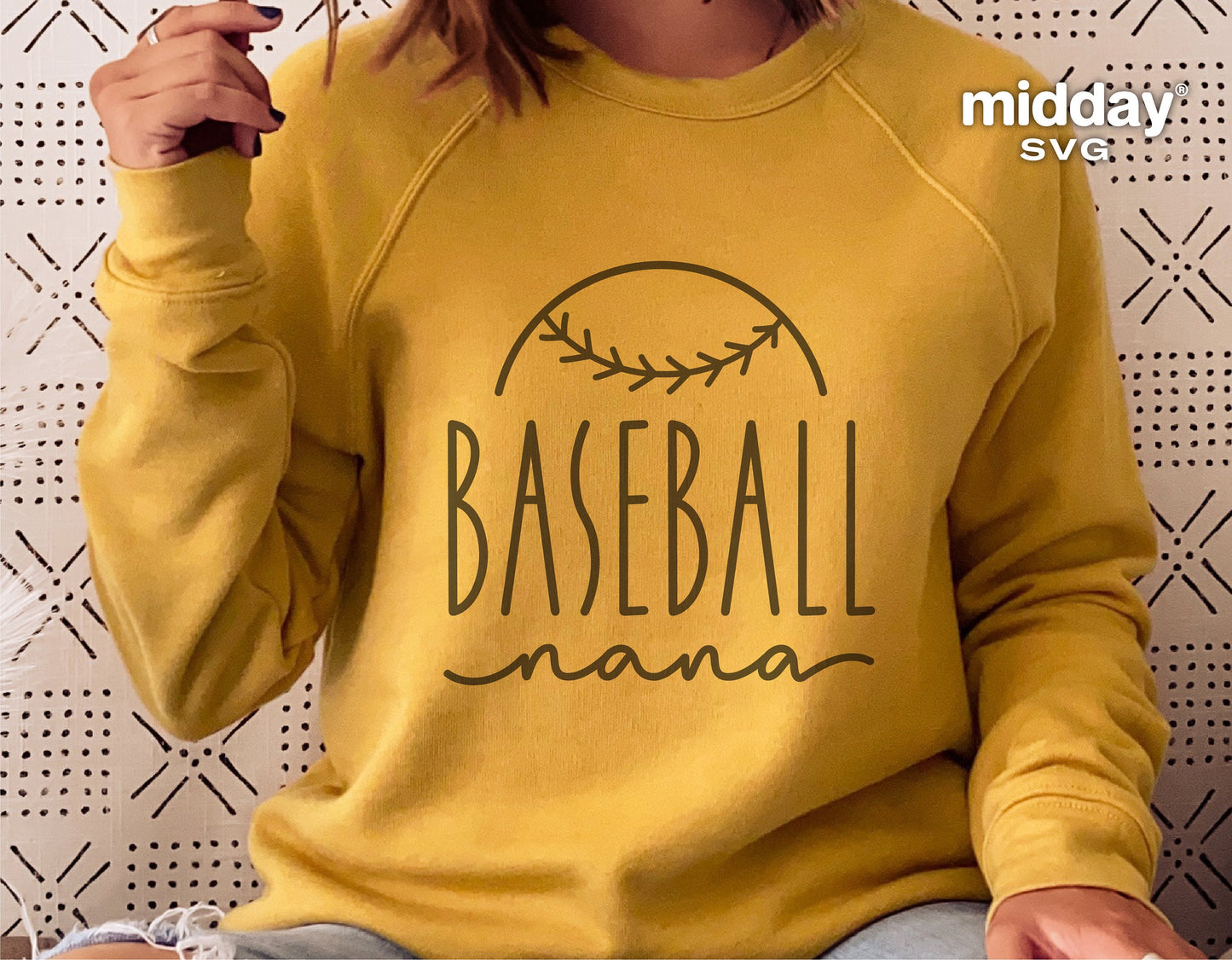 Woman wearing yellow sweatshirt with 'Baseball Nana' design, perfect for Cricut and Silhouette projects, tumblers, and hoodies.