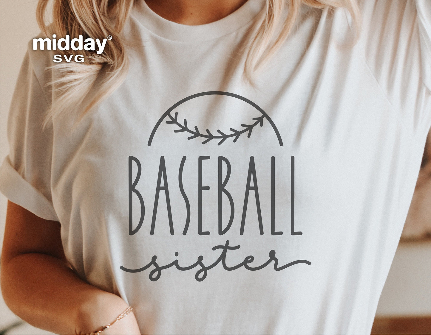 Woman wearing white shirt with 'Baseball Sister' text design, ideal for shirts, Cricut, Silhouette, SVG, PNG, EPS, DXF files
