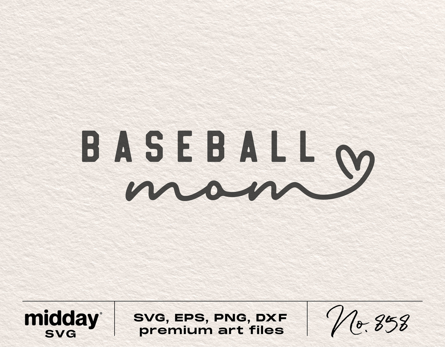 Baseball Mom SVG design with heart, includes SVG, EPS, PNG, DXF formats, perfect for Cricut and Silhouette crafting projects.
