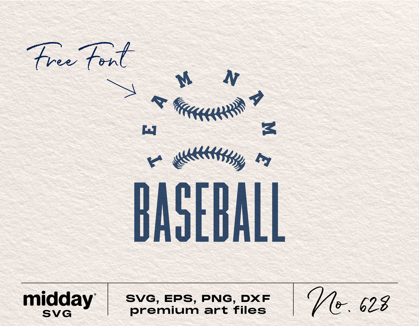 Baseball team SVG design template with free font for Cricut and Silhouette, includes SVG, EPS, PNG, DXF formats, number 628 by midday SVG.