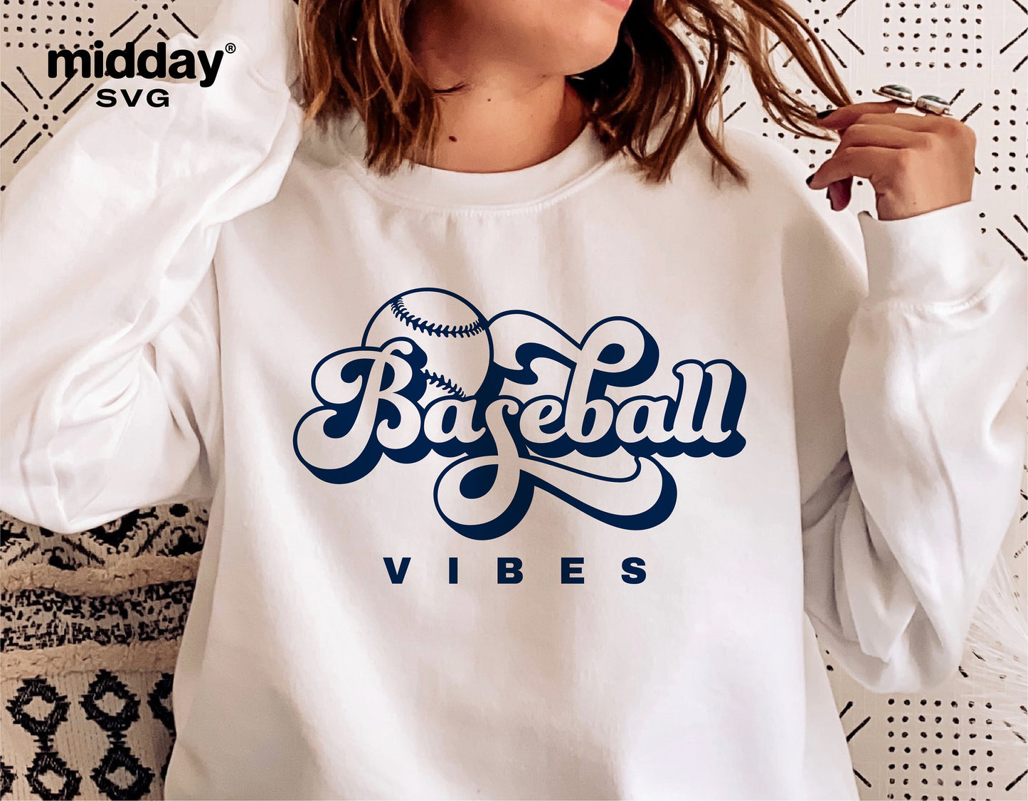 White baseball vibes shirt featuring a baseball graphic and stylish lettering, perfect for Cricut and Silhouette crafting projects.