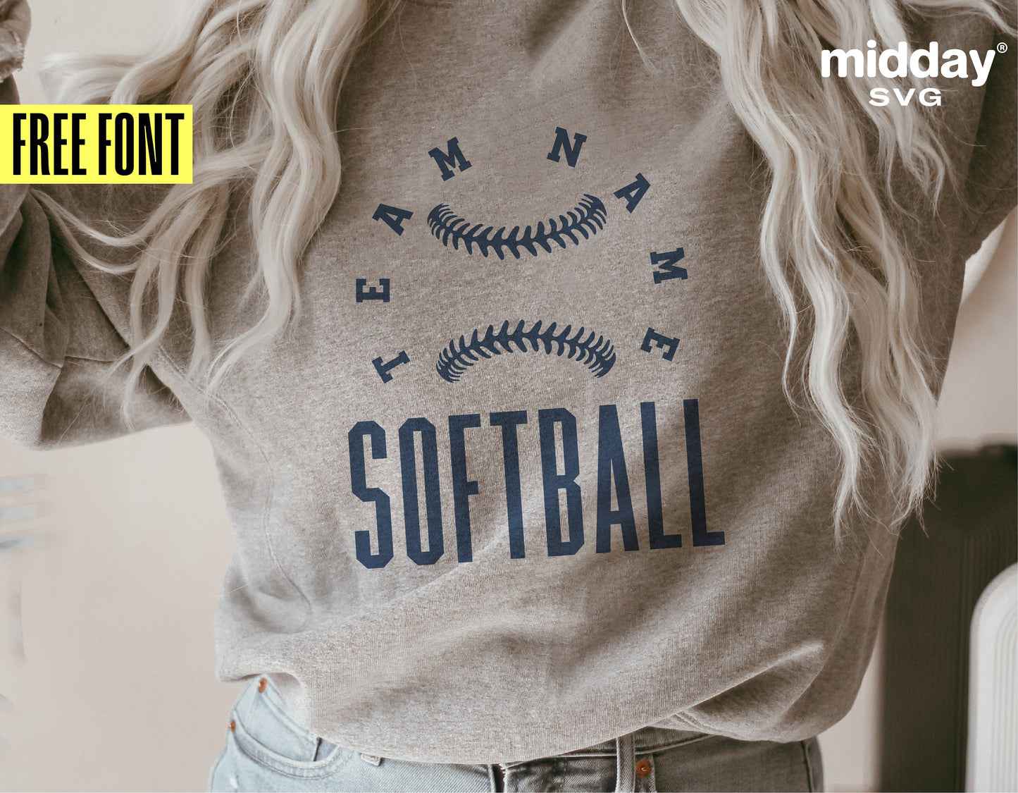 Woman wearing a shirt with custom softball team name design, featuring crossed softball stitchings, promoting free font offer by midday SVG.