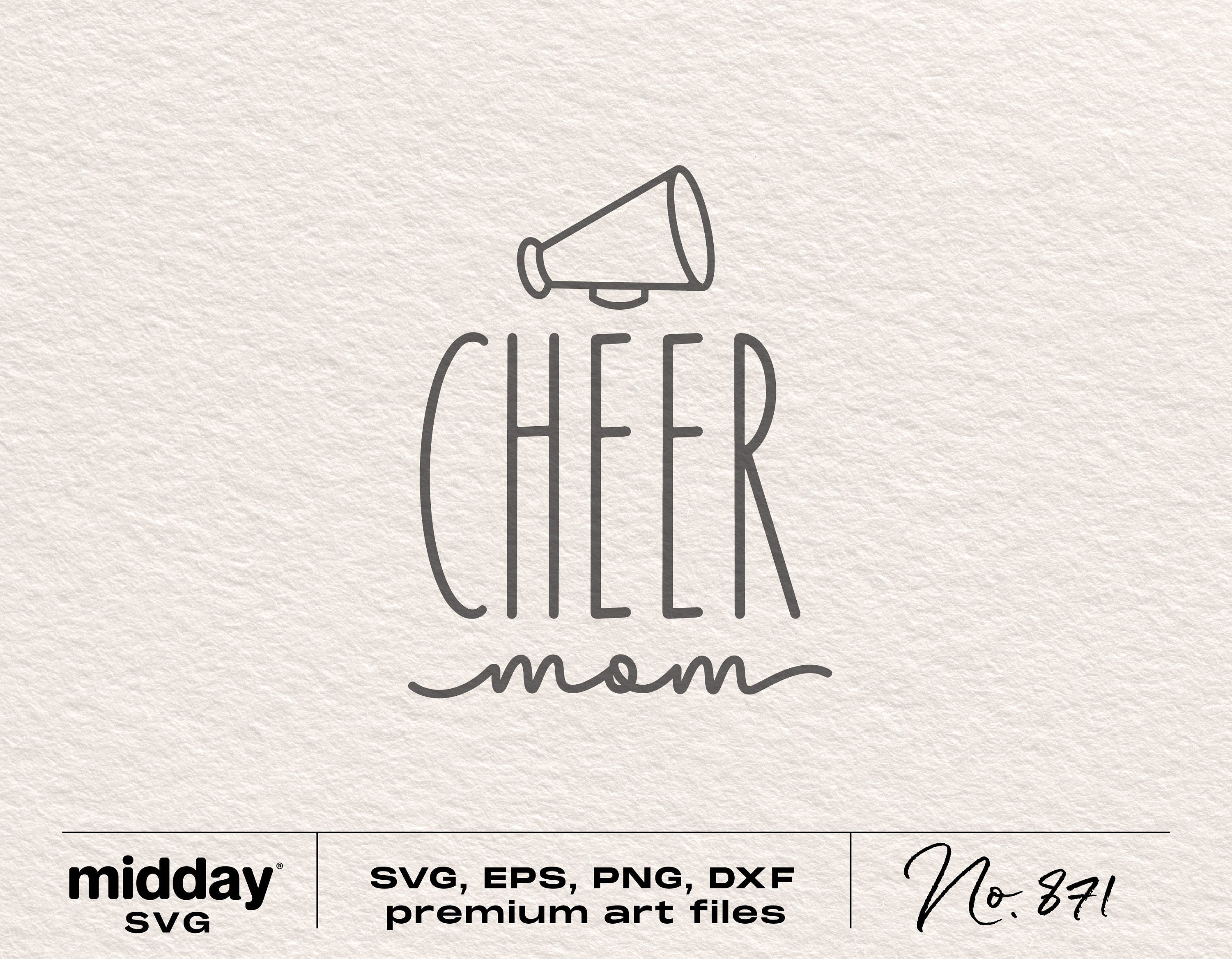 Cheer Mom SVG design with megaphone, available in SVG, EPS, PNG, DXF formats for crafting with Cricut and Silhouette.