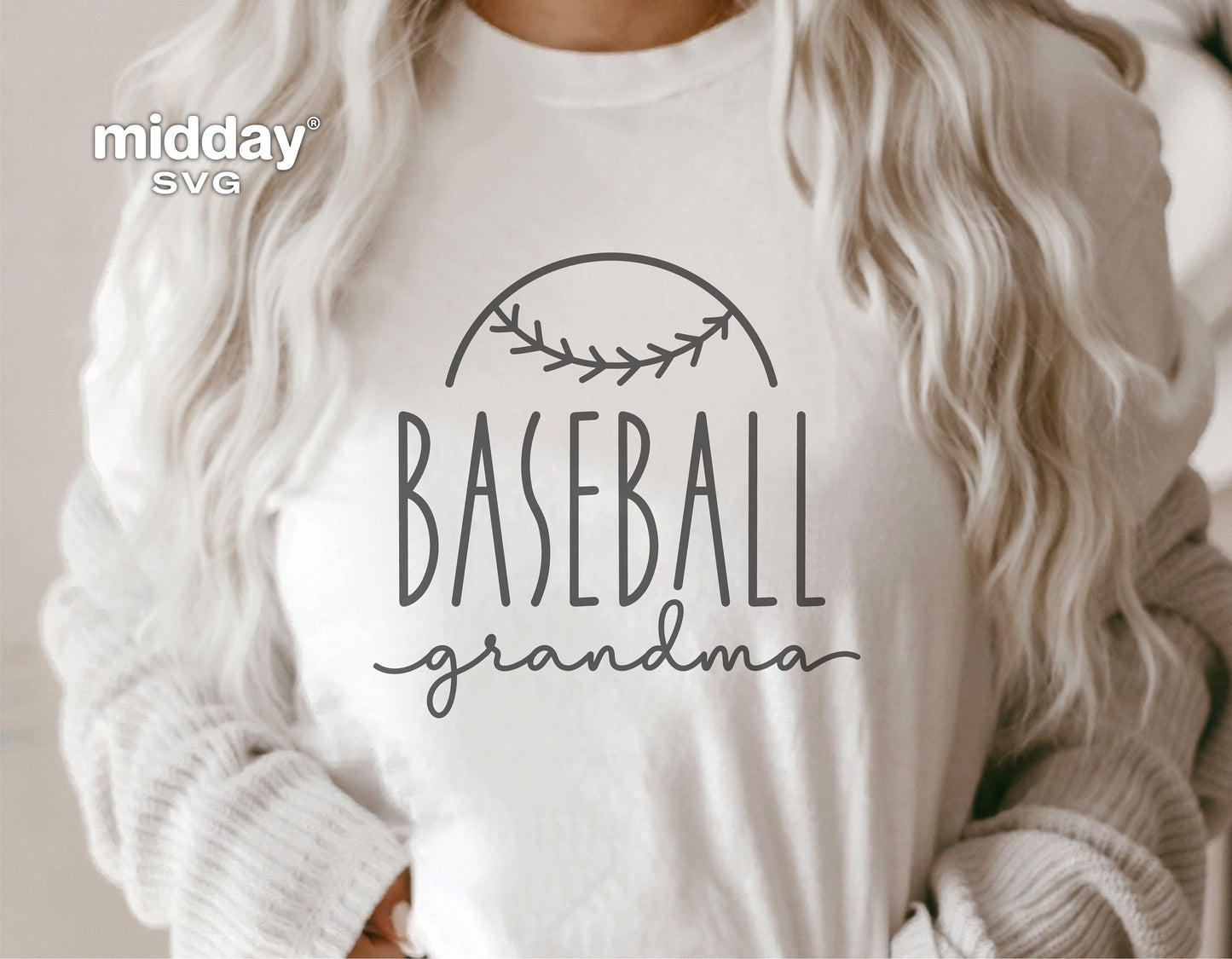 "Baseball Grandma" svg design on a white shirt, perfect for Cricut and Silhouette projects, featuring baseball seam graphic.