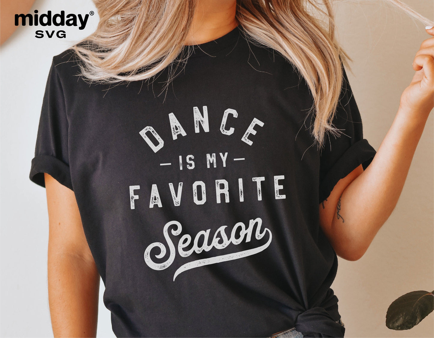 Dance is My Favorite Season t-shirt worn by woman, SVG design, perfect for dance moms and teams, compatible with Cricut and Silhouette.