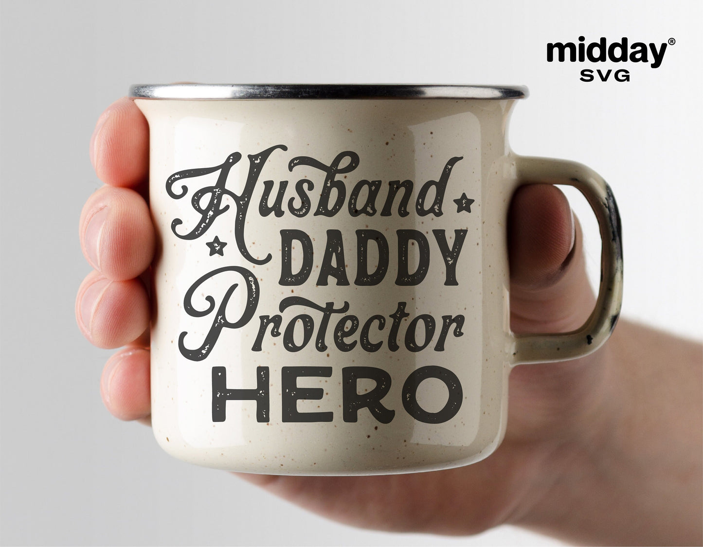 Camping mug with 'Husband Daddy Protector Hero' SVG design held by hand