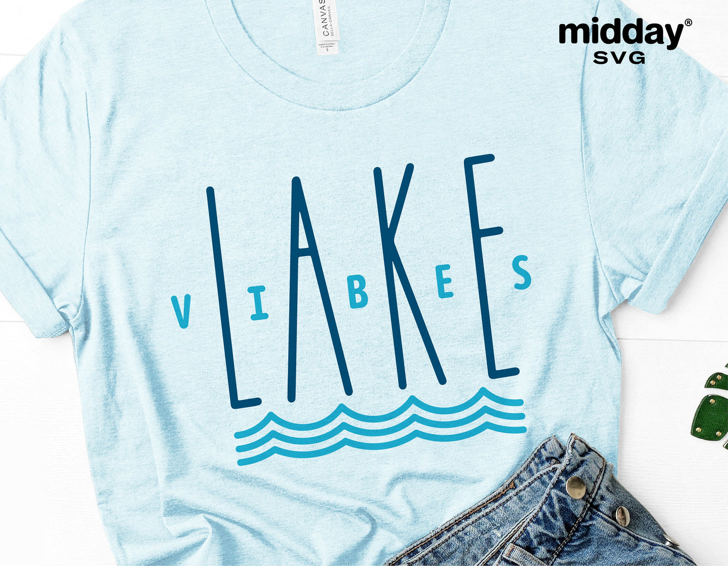 Light blue t-shirt with 'Lake Vibes' design, ideal for lake vacation, camping, or summer wear, compatible with Cricut and Silhouette.