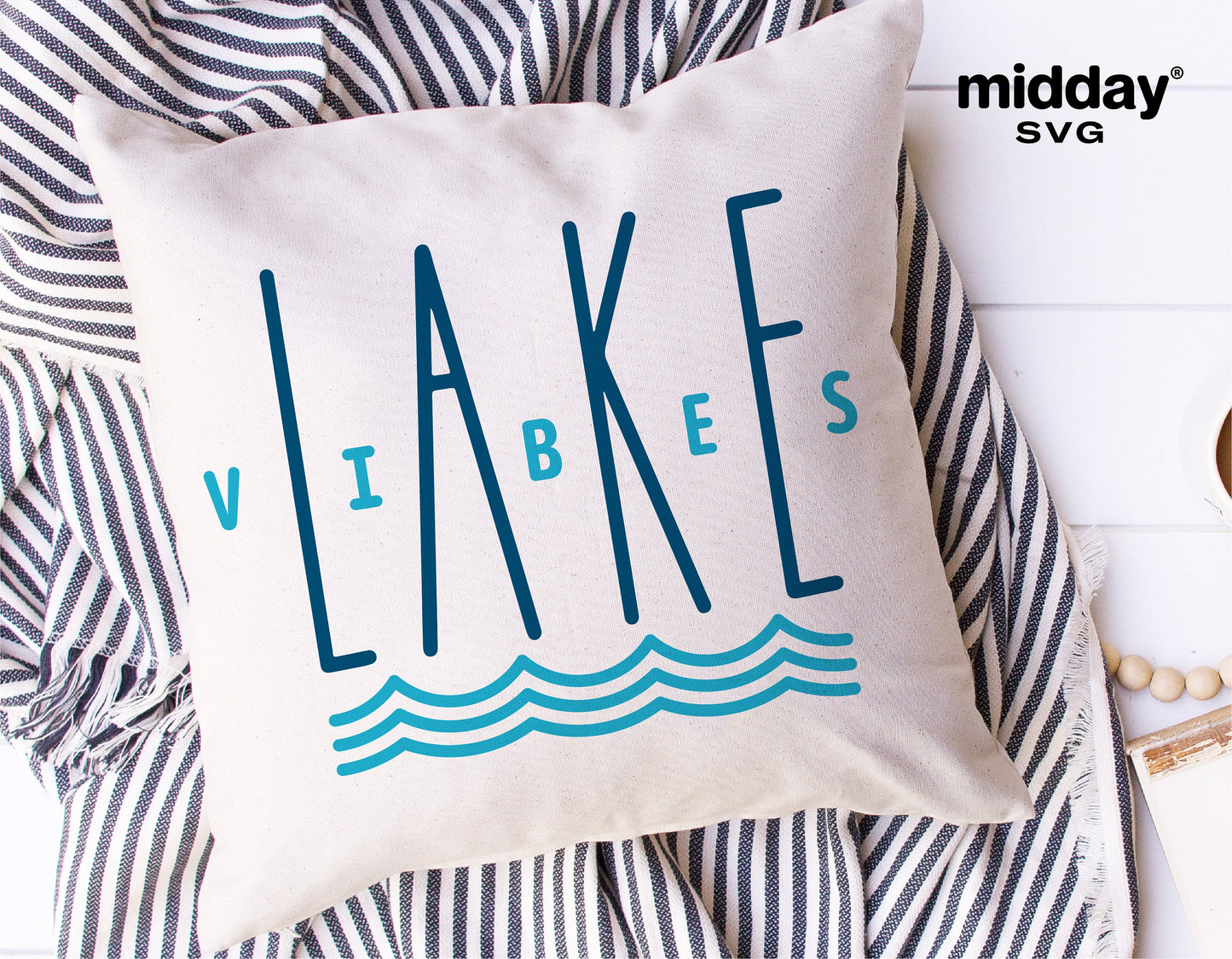 Lake Vibes pillow with blue text design, perfect for lakehouse decor and summer vibes.