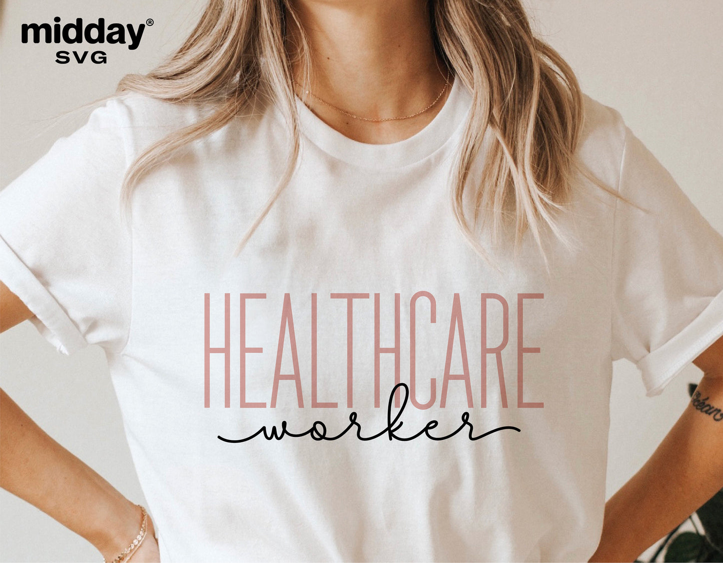 White T-shirt with 'Healthcare Worker' text design for crafting projects, including SVG, PNG, DXF, EPS files; ideal for Cricut and Silhouette.
