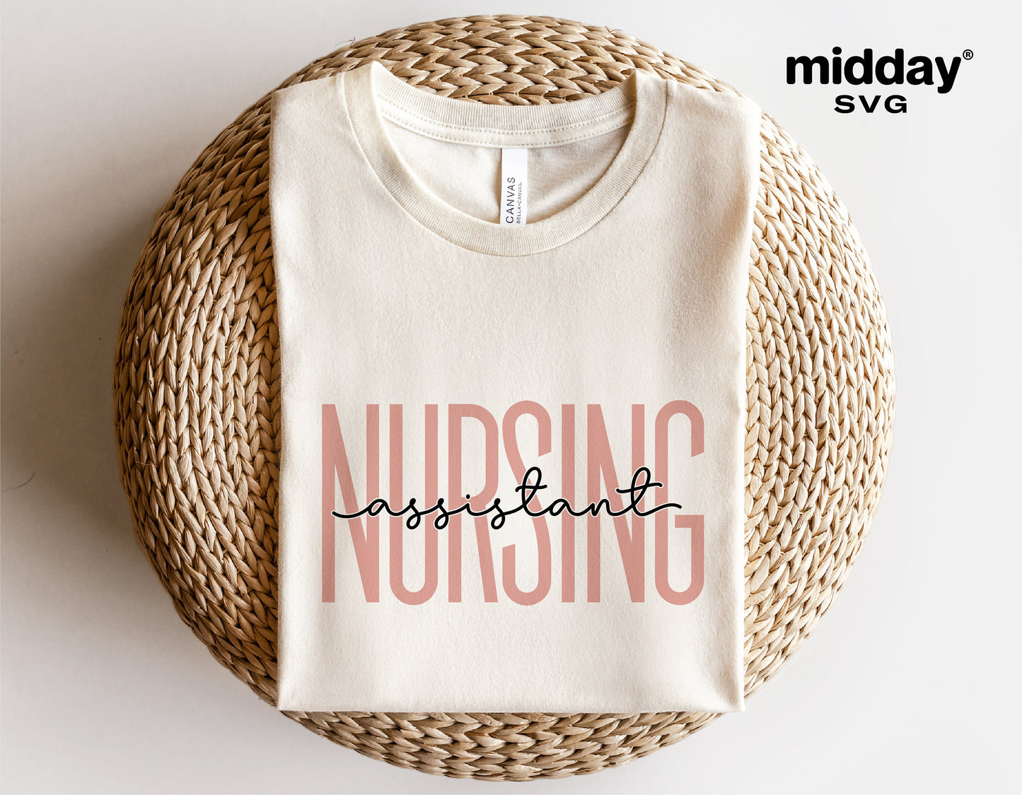 Nursing Assistant shirt SVG design on beige t-shirt for Cricut and Silhouette projects.