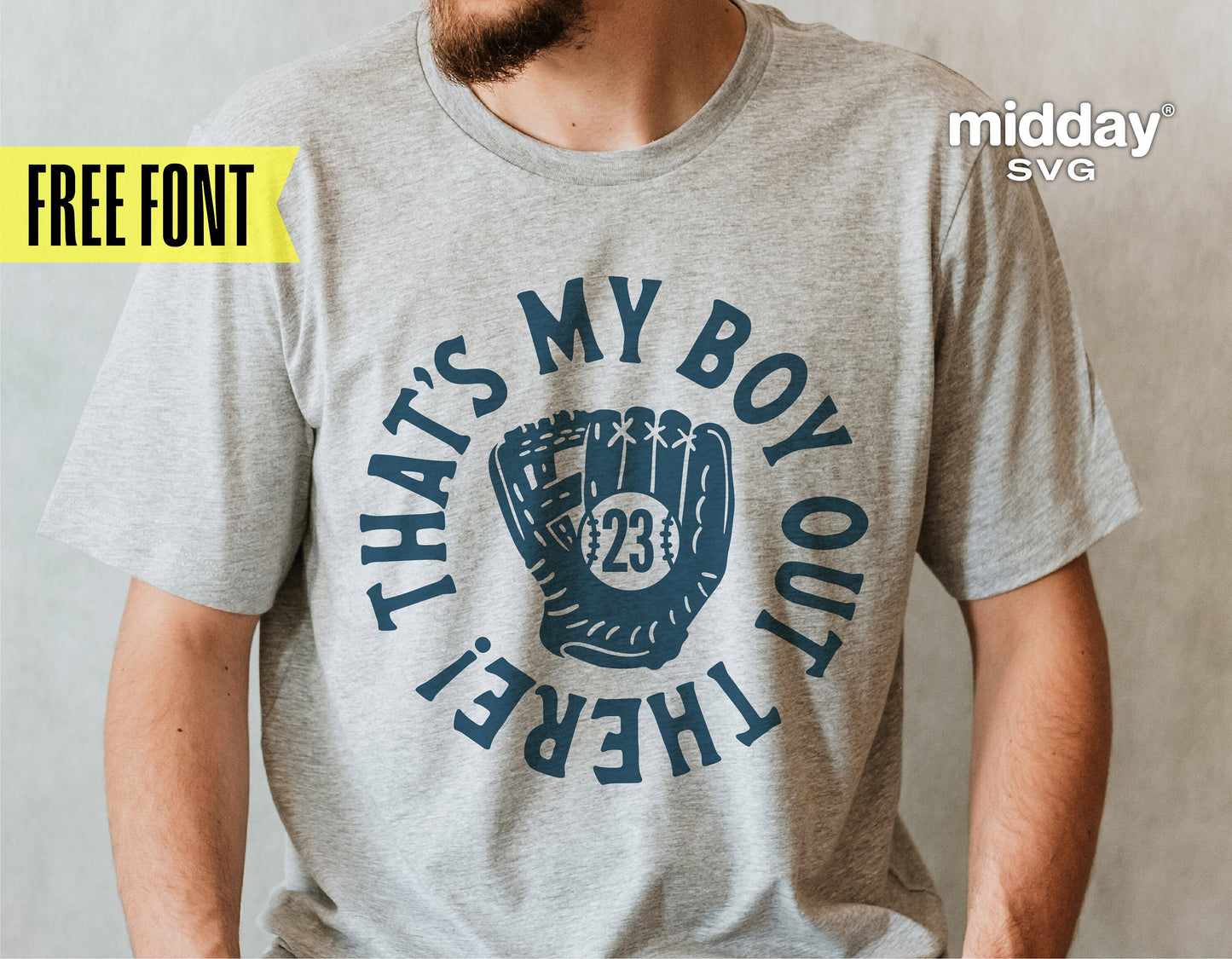 Gray t-shirt with "That's My Boy Out There" baseball glove design for baseball moms and dads, perfect for Cricut and Silhouette projects.