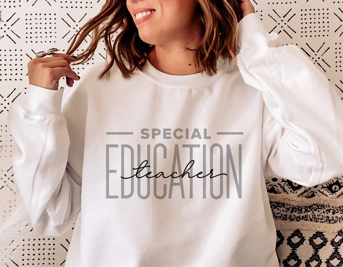 Woman wearing a white shirt with 'Special Education Teacher' design, ideal for Cricut, Silhouette, and sublimation projects.