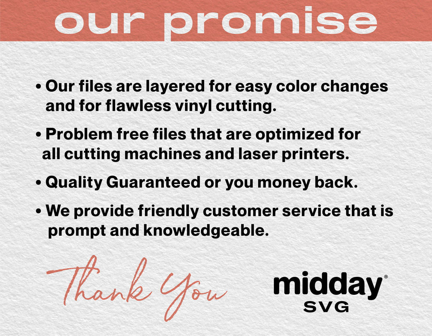 Midday SVG promise of quality, easy color layers, optimized cutting files, and exceptional customer service.