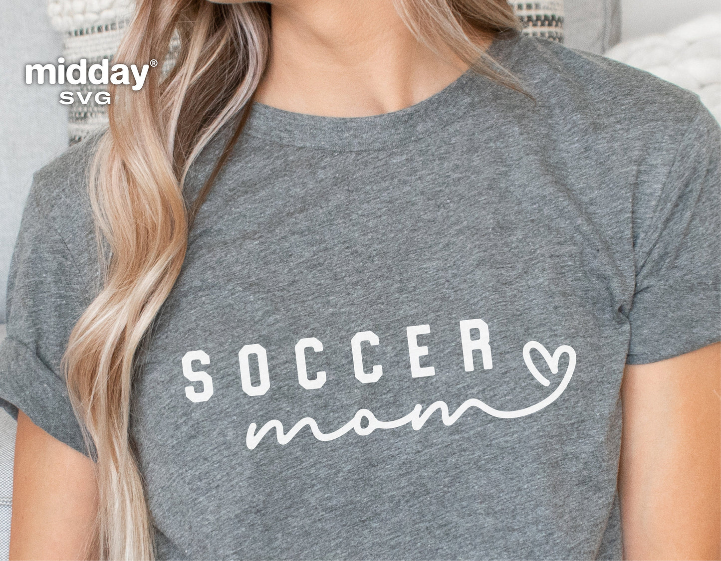 Gray t-shirt with 'Soccer Mom' text design, perfect for Cricut and Silhouette projects, shown on person with long hair